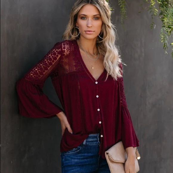 Vici Tops - Vici Du Jour Crochet Blouse (Burgundy)